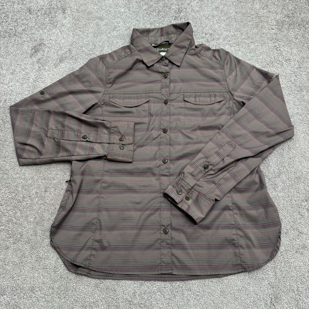 Columbia Omni-Shade Stripe Trail Hiking Shirt Womens Large Brown Roll Tab Sleeve